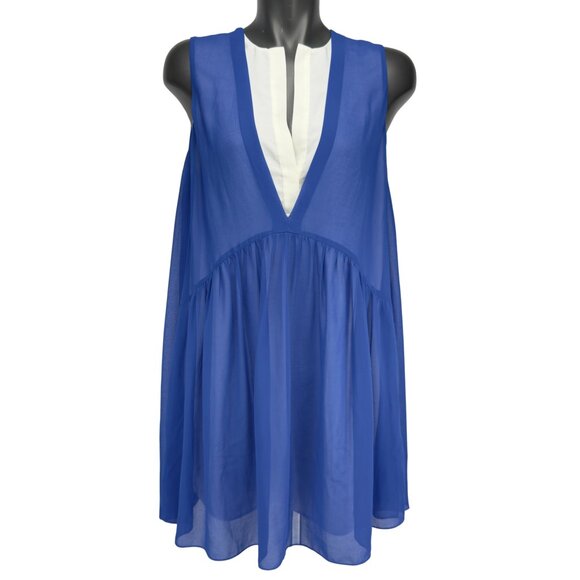 SANDRO Paris Sheer Overlay Contrast White Placket Cobalt Blue Mini Dress Size 2 - Picture 3 of 14